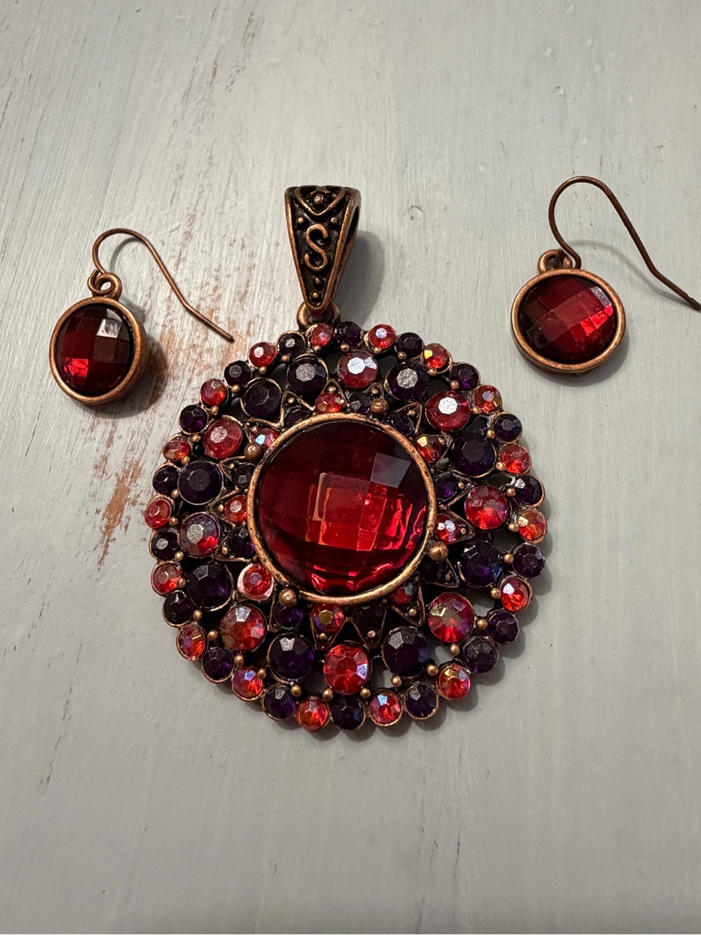 Red Crystal Statement Pendant Necklace with Matching Earrings